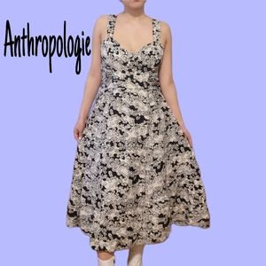 Anthropologie Floral Black and Off-White Midi Dress